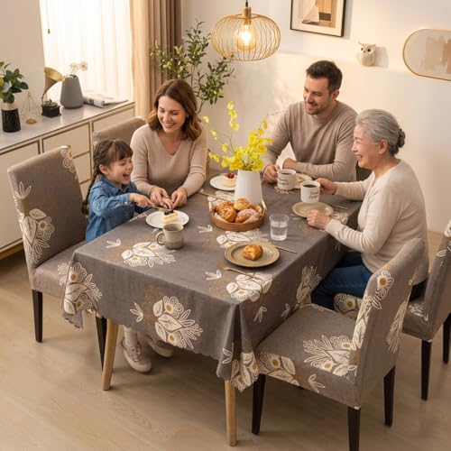 Image of Styleys Dining Chair Cover with Table Covers for Kitchen Waterproof Dining Table Cloth (1 Table Cover + 4 Chair Cover, Beige Brocade, CTSD3127)