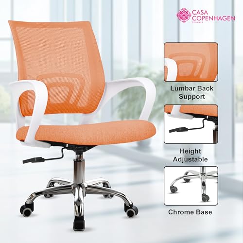 Image of Casa Copenhagen Mesh Mid Back Office /Study /Computer /Revolving /Desk Chair for Work from Home -Metal Base, Height Adjustable Seat- Pomorange& White Handle