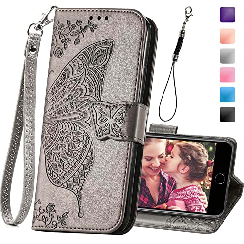 KRHGEIK Wallet Case for iPhone SE 2020/SE 2022/iPhone 8/iPhone 7,Women Butterfly Embossed PU Leather Stand Card Slots Wrist Strap Flip Folio Cover for iPhone 6/6S/7/8/SE 2nd/SE 3rd Gen (Gray)