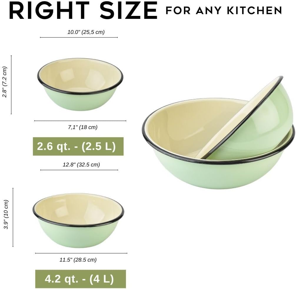 STP GOODS Enamel Bowl Set of 2, Enamel Serving Bowl, Enameled Steel Mixing Bowl for Cooking Prepping, Vintage Salad Bowl (Mint 2.7 Qt (2.5 L), 4.2 Qt (4 L))