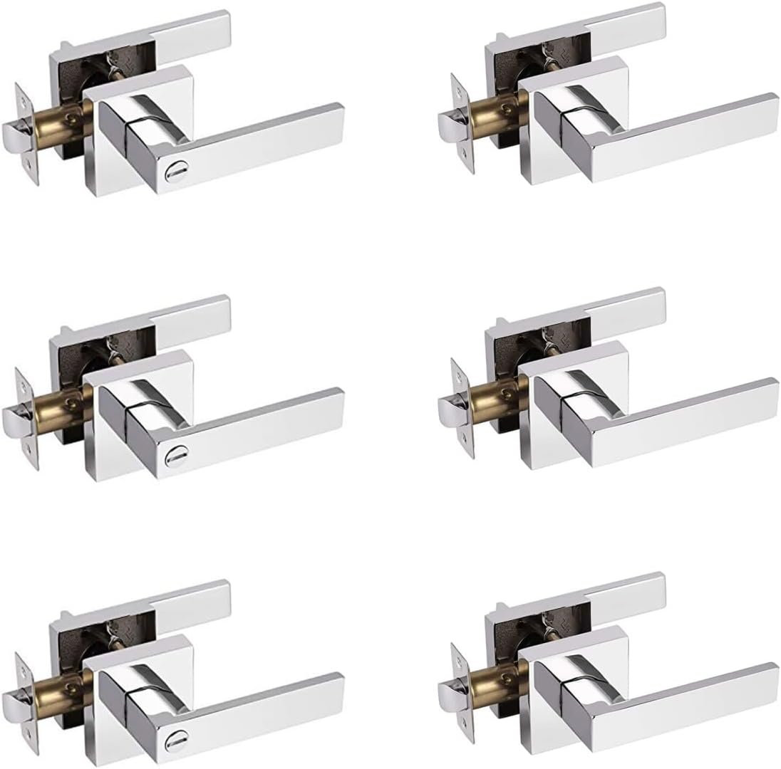 Probrico (3 Pack Privacy Door Levers and (3 Pack) Passage Door Levers Bundle, Polished Chrome, Square Heavy Duty Handles