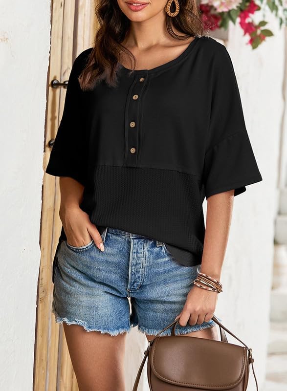 Dokotoo Womens Waffle Knit Tops 2026 Fashion 3/4 Sleeve Casual Button Down Shirts Crew Neck Oversized Patchwork Blouses - Image 3