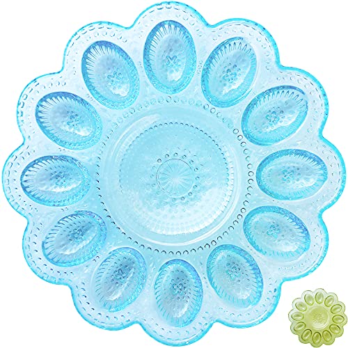 NobleEgg Deviled Egg Platter Tray | Vintage Style Heavy Glass | Deviled Egg Plate for 16/12 Deviled Eggs and Sauce | Blue