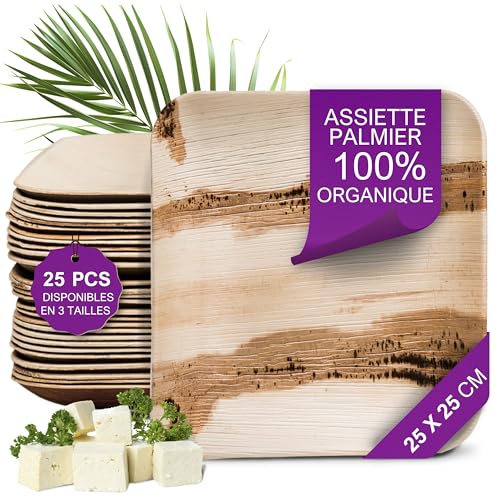 Waipur Assiette Jetable en Feuille de Palmier - 25 pcs. Carrées 25x25 cm - Vaisselle Naturelle et Élégante - Chic, Résistante et au Design Unique - semblable au...