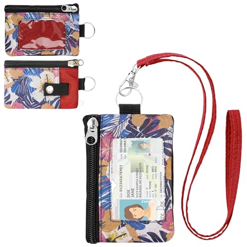 Image of Minimalist RFID Wallet with Lanyard, Multi-functional ID Case with 2 Zipper Pockets and Key Chain for Men and Women, Tactical Badge Pouch Cards Holder, Coin Purse for Travel Sports - Two-Tone