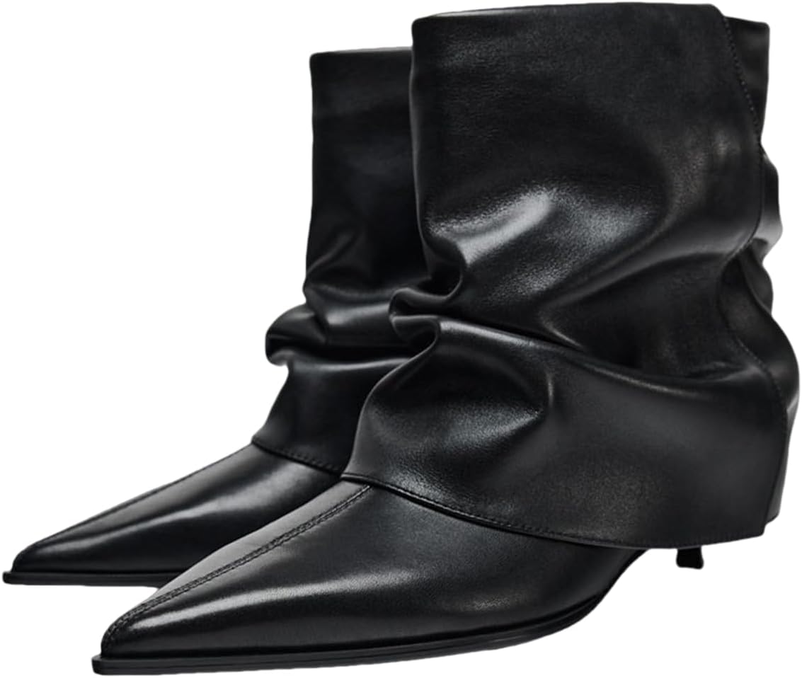 Womens Kitten Heel Slouchy Ankle Boots Pull On Pointed Toe