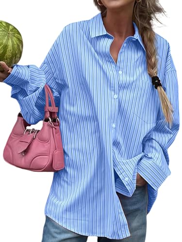 SOLY HUX Women's Button Down Striped Shirts Long Sleeve Oversized Tops Drop Shoulder Collared Blouse