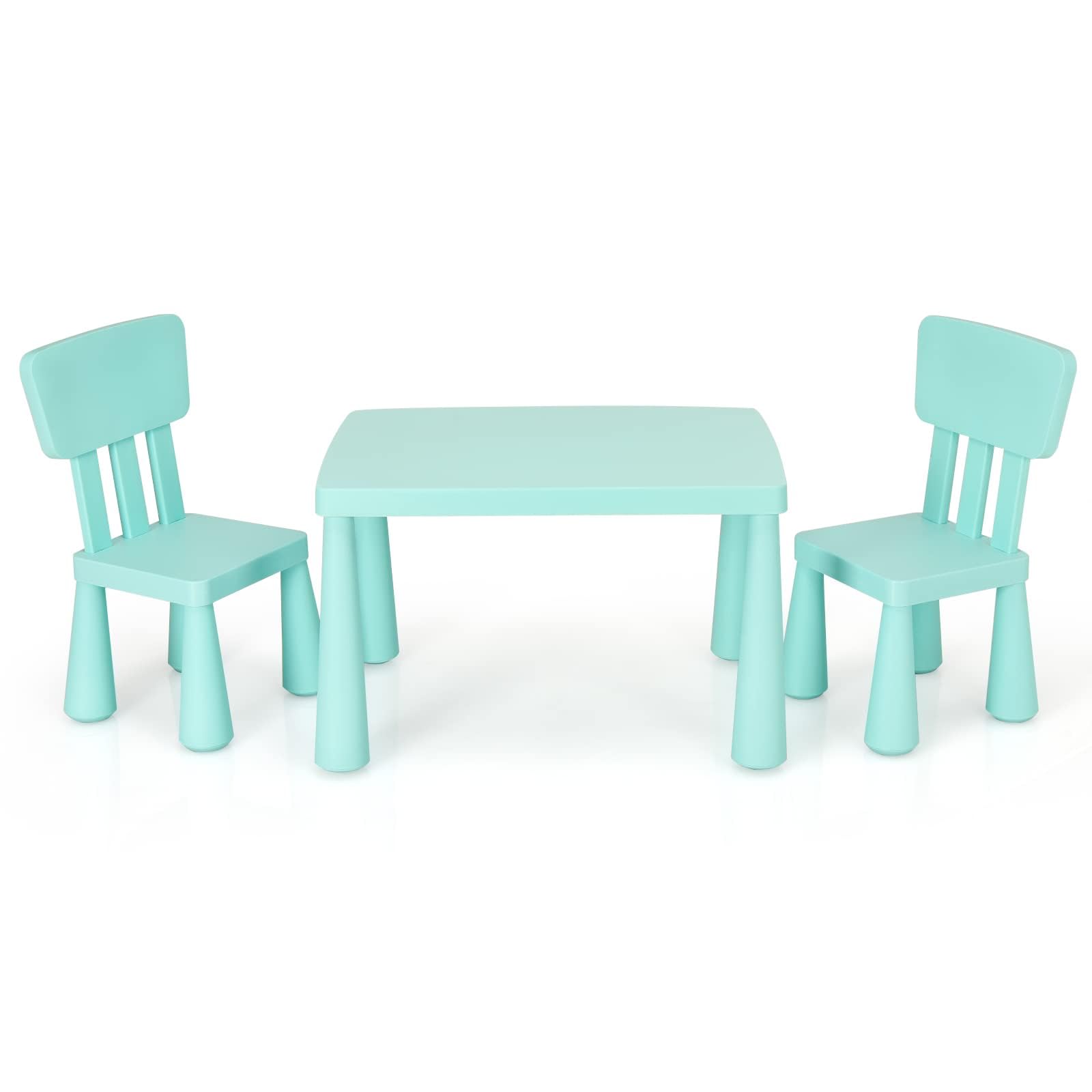 RELAX4LIFE Tavolino per Bambini con 2 Sedie in PP Atossico, Montaggio senza Attrezzo, Portata di 50 KG, Tavolo: 54,5x76,5x49,5cm, Sedie con Schienale: 36x35x66,5cm (VERDE)
