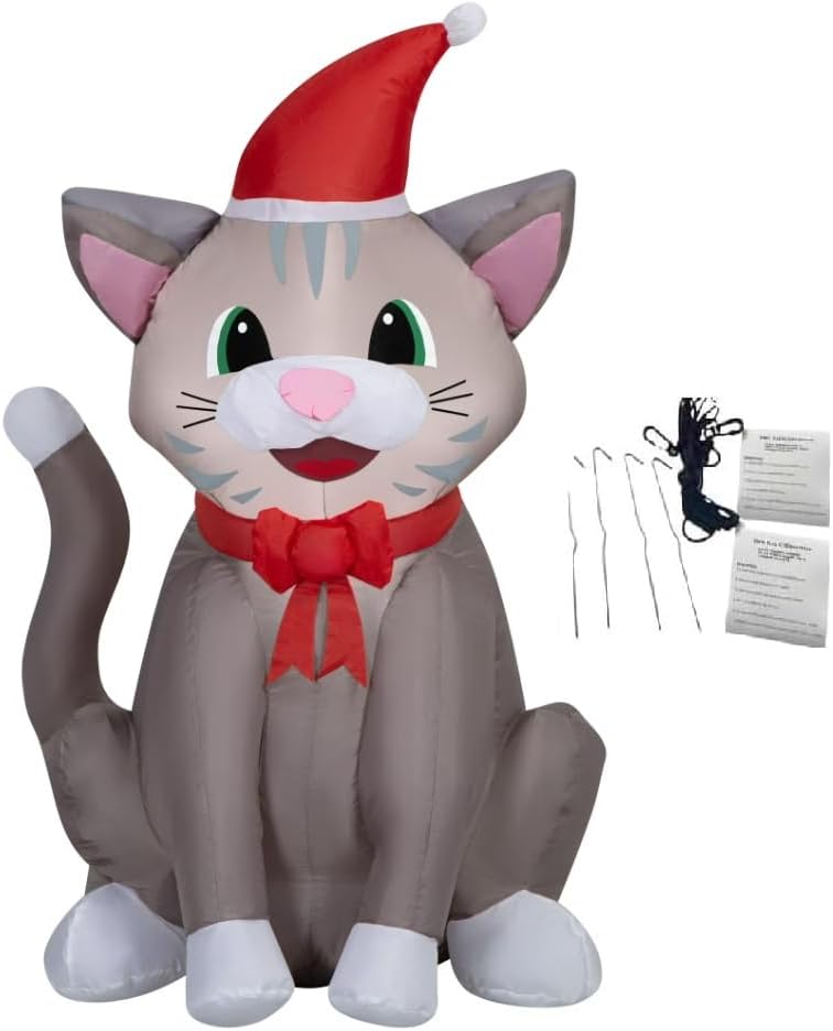 Christmas Tabby Cat with Santa Hat 3.5 Foot Christmas Inflatable LED Holiday Outdoor Lighted Yard Blow-Up Decoration 2025 - Includes Bonus Repair Patch