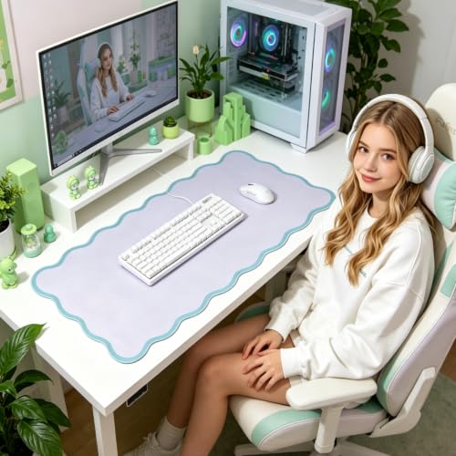 yuboo Green Scalloped Desk Mat, 31" x 15.7" Kawaii Large Aesthetic PU Leather Mouse Mat, Non-Slip Waterproof Mouse Keyboard Desk Pad, Cute Desk Accessories for Office Home Gaming & Dorm Decor — view 4