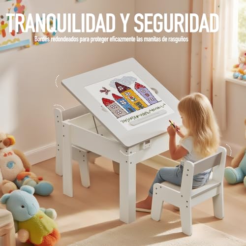 Mesa y Silla Infantil 2 Sillas,Multifunción Para Jugar, Pintar y leer, 4 Tableros Intercambiables, Ajustable y Antivuelco, con Espacio de Almacenamiento, Estable Hasta 60 kg, Seguro a Partir de 3 años - imagen 6