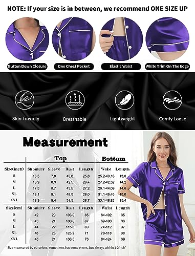 Image of Silk Pajamas for Women Satin Womens PJ Set 2 Piece Short Lounge Set Summer Sleepwear Notch Collar Button-Down Pjs