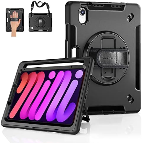 Miesherk Case for iPad Mini 6 2021: Military Rugged Protective Shockproof Triple Cover for iPad Mini 6th Generation 8.3 Inch - Apple Pencil Holder - 360 Rotating Stand - Hand/Shoulder Strap - Black