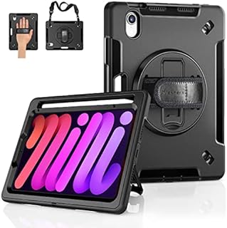 Miesherk Case for iPad Mini 6 2021: Military Rugged Protective Shockproof Triple Cover for iPad Mini 6th Generation 8.3 Inch - Apple Pencil Holder - 360 Rotating Stand - Hand/Shoulder Strap - Black