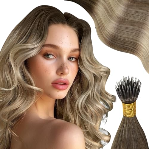 Moresoo Nano Hair Extensions Real Hair 16 Inch Nano Bead Human Hair Extensions Ombre Dark Brown to Chestnut Brown with Medium Blonde Cold Fusion 1G/S 50G/Pack #3/8/22