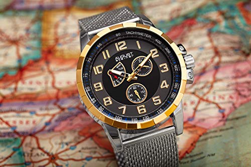 August Steiner Men's Multifunction Watch - Raised Borders With 3 Subdials, Day Retrograde, Date Subdial And Tachymeter Scale On Stainless Steel Mesh Bracelet - As8202 #TOP4
