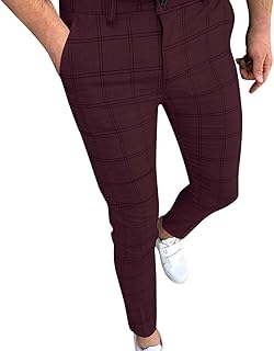 Foam Men Slim Fit Plaid Print Zipper Casual Fashion Long Pants Trousers Toe Band