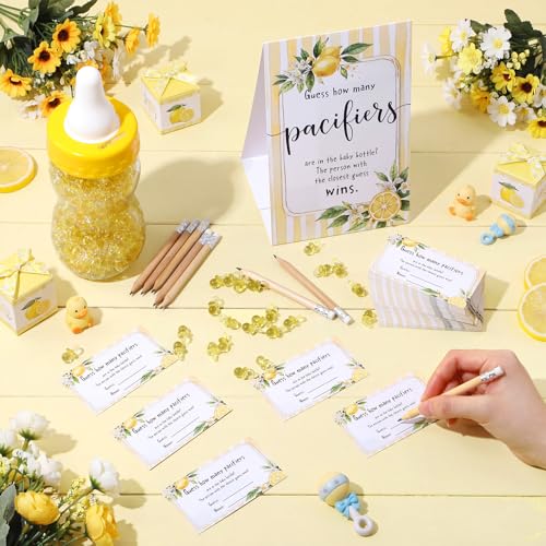 Image of Roowest 512 Pcs Baby Shower Games Guess How Many Pacifiers Sign 100 Small Guessing Games 10 HB Pencils 750ml Milk Bottle 400 Acrylic Pacifiers Decoration for Guest Gender Reveal(Yellow,Lemon)