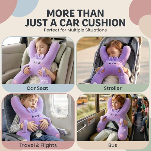 Image of Kids Car Sleeping Pillow, H-Shaped for Neck & Back Support, Purple Rabbit