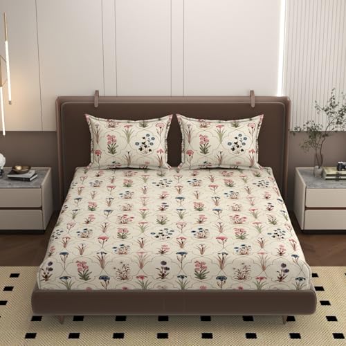 Image of Auralia Premium Cotton Fitted Bedsheet Set - King Size (78x72 Inches) with 2 Pillow Covers - Smooth & Stylish Finish Comfort & Modern Look (Pack of 1)
