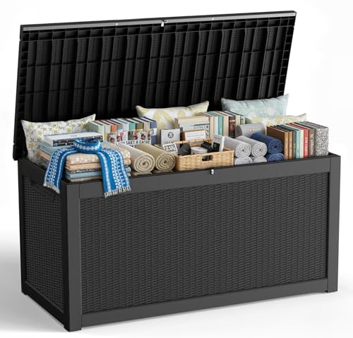 ASKPASS 320 Gallon Outdoor Storage Box,Large Waterproof UV Resistant Deck Box,Lockable Storage Container for Patio Furniture Cushions Garden Tools and Pool Accessories(Black)