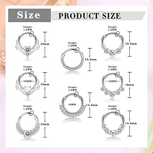 LOYALLOOK 8PCS 16G Septum Clicker Ring Stainless Steel CZ Opal Cartilage Helix Tragus Hoop Daith Earrings Nose Rings Hoop Hinged Segment Clicker Ring Piercing Jewelry3