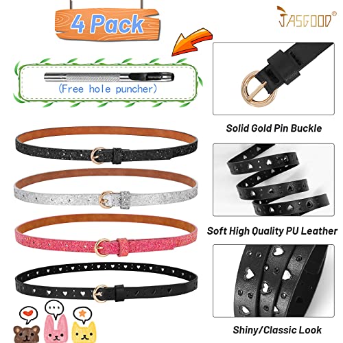 JASGOOD 4 Pack 3 Pack Kids Skinny Belts Glitter PU Leather Belt for Girls Colorful Girl Belt with Gold Buckle for Jeans Dress4