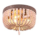 Newrays Boho Beachy Ceiling Lamp Rustic Wood Bead Chandelier Flush Mount 3-Lights Fixture Adjustable...