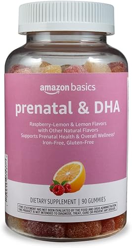 Amazon Basics - Gomitas prenatales y DHA, sabor a frambuesa y limón, 90 unidades (anteriormente Solimo)