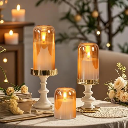 Image of Eldnacele Gold Glass Flameless Candles with Remote and Timer, Battery Operated 3D Wick Flickering LED Pillar Candles for Dinner Wedding Holiday Decor(3Pcs, D3xH4 /5 inch /6 inch)