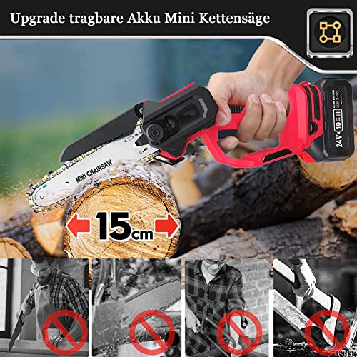 Mini Kettensäge mit Akku, 6 Zoll Akku Kettensäge Elektro Einhand Bürstenlosen Motorsäge mit 2 4.0Ah Akku und Schnellladegerät Handkettensäge Akku für Gartenscheren Astschere Holzschneiden, Rot – Bild 8