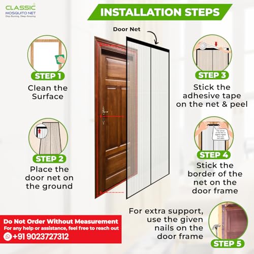 Image of Classic Mosquito Net for Door Fiberglass Magnetic Curtain Auto Closing Insect Screen for All Door Types with Self Adhesive Hook Tape (200X110cms, Grey)