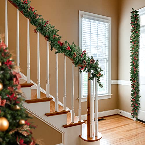 Hanizi 9 Ft Christmas Garland, Battery Operated 8 Lighting Modes, Lighted Christmas Garland With 50 Leds, Pine Cones, Red Berries #TOP3