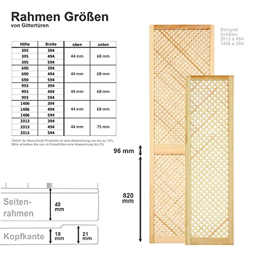 Gittertür Holztür natur 99,3 x 59,4 cm Schranktür Raumteiler Schiebetür für Regale, Schränke, Möbel | Kiefer Holz unbehandelt