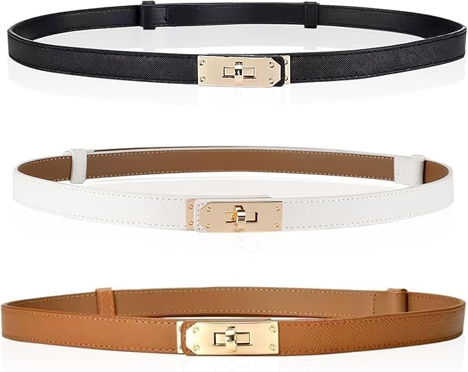 3 Pack Women Skinny Leather Belt,Slim Belt for Women, Adjustable Thin Belts with Adjustable Alloy Turn-Lock Buckle - Ideal for Dresses, Jeans, and Coats, Black,Brown and White