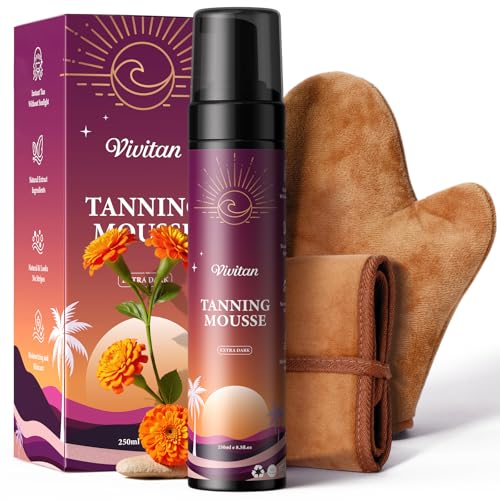 Image of Self Tanner Mousse Kit - 1-Hour Express Dark Bronze + 250mL XL w /Mitt & Strap | Plant 30% DHA for Long-Lasting Tan | No Orange Tones, Streak-Free & Odorless | Natural Sunless Glow （Dark）