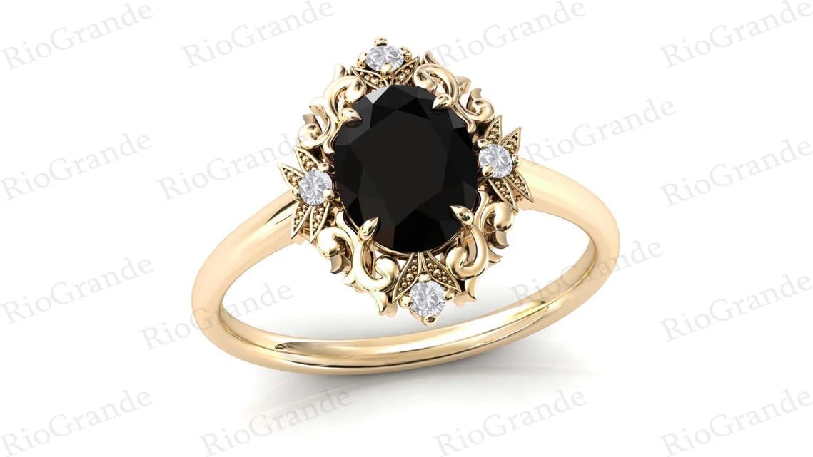 Vintage 1.5 CT Oval Black Onyx Engagement Ring For Women Art Deco Filigree Black Onyx Wedding Ring Antique Black Onyx Bridal Anniversary