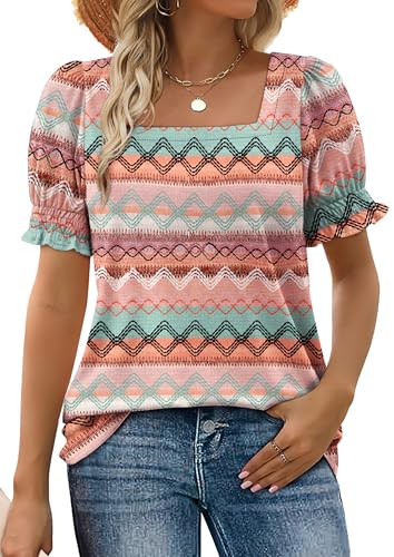 Image of WIHOLL Tops for Women Summer Casual Ruffle Trim Sleeve Square Neck T Shirts
