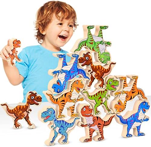 ACOUCB Dinosaur Toys for Kids 3-5, Wooden Stacking Toys, 16pcs Large Sensory Montessori Toys, Balance Competition Game Building Toys, Easter Basket Stuffers, Birthday Gift for Boys Girls