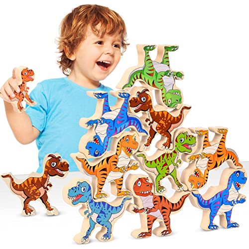 ACOUCB Dinosaur Toys for Kids 3-5, Wooden Stacking Toys, 16pcs Large Sensory Montessori Toys, Balance Competition Game Building Toys, Easter Basket Stuffers, Birthday Gift for Boys Girls