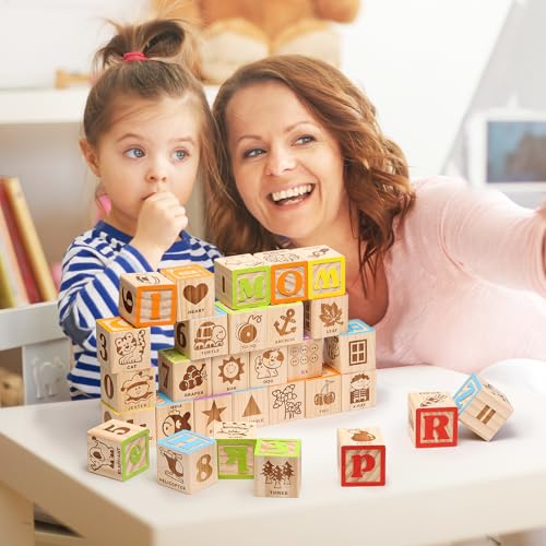 SainSmart Jr. Wooden Alphabet Blocks 1.73 Inch, 30Pcs Building Blocks Including Letters, Numbers and Animals, Montessori Wooden Blocks for Preschool Toddlers by SainSmart Jr. - Image 5
