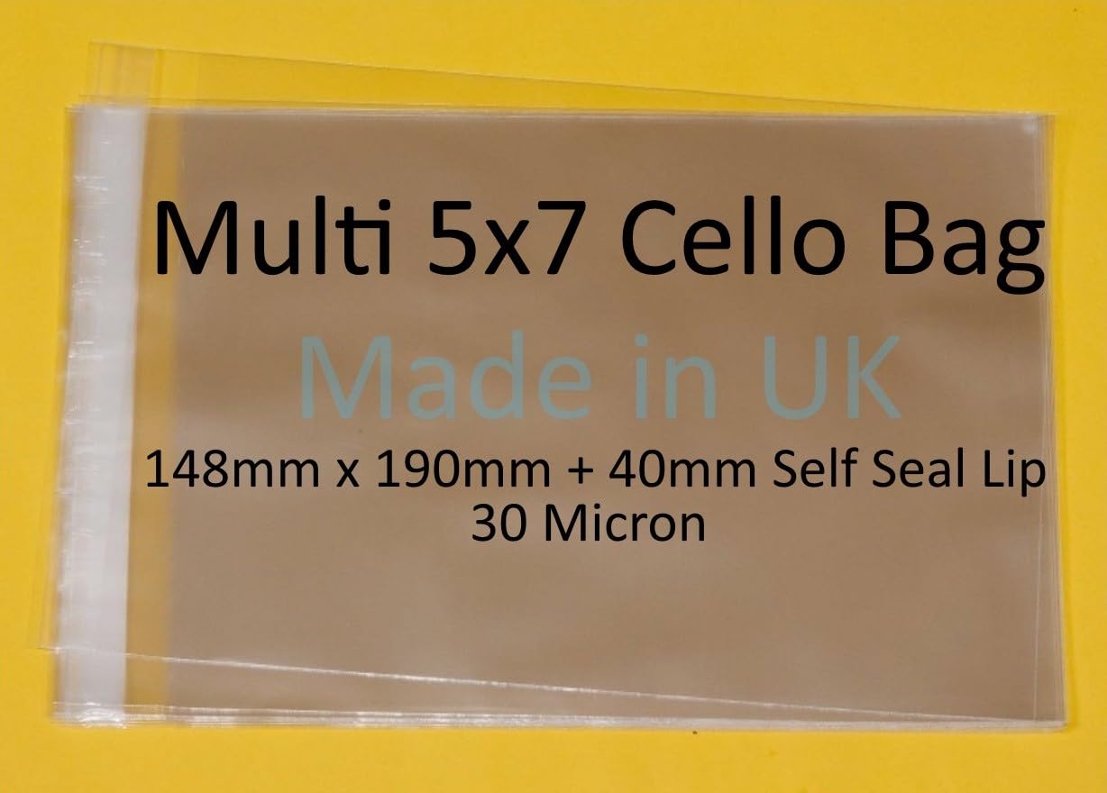 Lot de 250 – Multi Cartes 5 x 7–30 microns pour violoncelle en cellophane pour jusqu'à 10 cartes et enveloppes (5 x 7) – 148 mm x 190 mm + rabat autoadhésif 30 mm