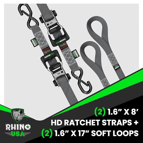 Image of Rhino USA Heavy Duty Ratchet Tie Downs (2-Pack) - 1.6in x 8ft, 5,000lb