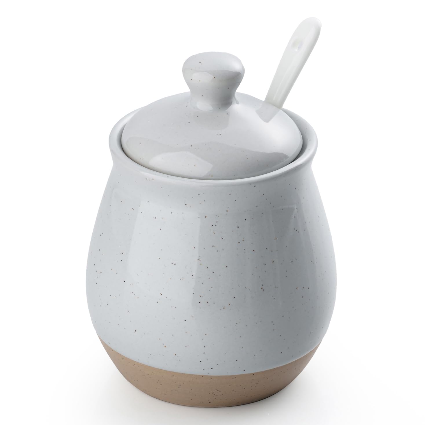 famiware 10oz Sugar Bowl with Lid and Spoon, Ceramic Container, Light Gray