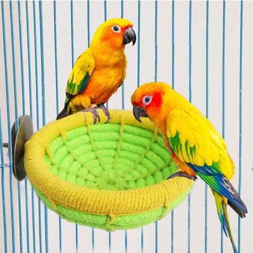 Image of Cotton Rope Parakeet Nest Handmade Bird Breeding Nest Cockatiel Hatch Rope Bed Green Base Canary Snack Bowl for Parrot Conure Finch Budgie Lovebird