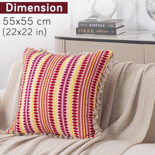 Image of HOKIPO 'Artisan Boho Series' Sofa Cushion Covers | 450 GSM Cotton Acrylic Jacquard | Tassel Design | 22x22 Inch (55x55 cm) | Pack of 2, Ruby Red (IN-906-A6*2)