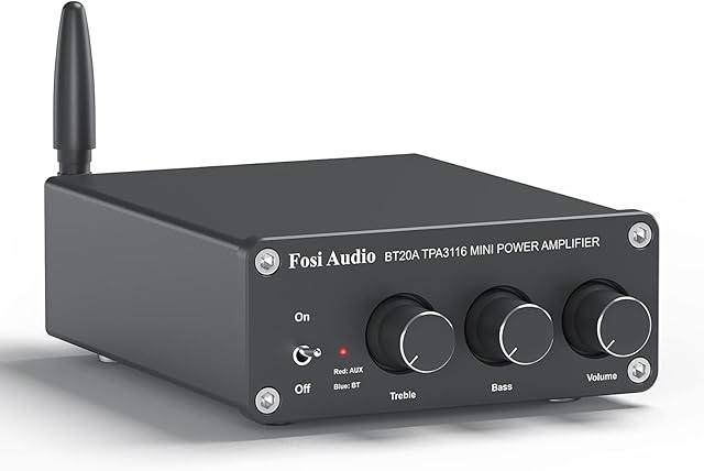 Fosi Audio BT20A Bluetooth Amplifier, Mini HiFi Stereo Amp Integrated Receiver for Home Audio Passive Speakers, BT 5.0 Class D 2.0 Channels, 100W x 2 TPA3116 Chip, Treble & Bass Control Knob