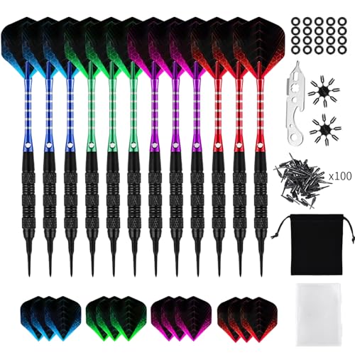 Purpledi Flechette Pointe Plastique, 12 Fléchettes 18g avec 24 Ailettes et 100 Pointes pour Cible Electronique - Jeu de Fléchettes Professionnel, Durable et Précis B