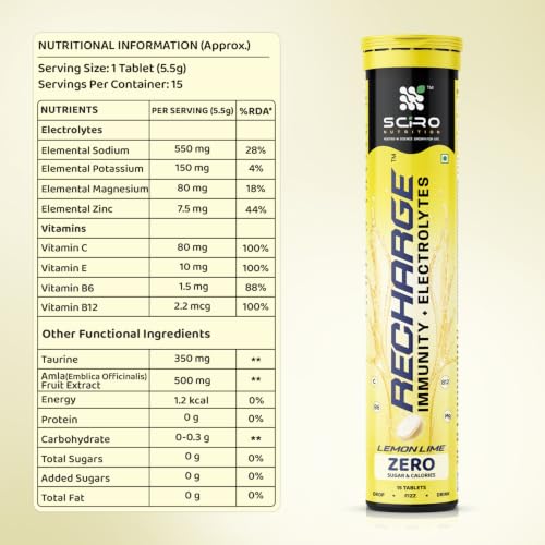 Image of SCIRO Recharge Electrolyte Tablets Zero Sugar | Instant Hydration & Energy Drink with Electrolytes | Sports Performance & Recovery | Vitamin C, E, B6 & B12 | Lemon Flavour | 15 Effervescent Tablets