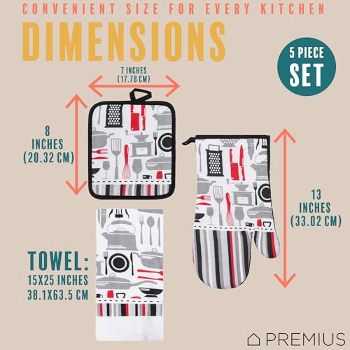 PREMIUS 5 Piece Kitchen Tools Printed Kitchen Linen Set, 2 Cotton Towels, 2 Potholders, 1 Oven Mitt with Hanging Loop, 100% Cotton Material on Front & Polyester Backing, Perfect Kitchen Accessory